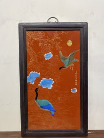 郎士宁作品红木镶瓷板画珐琅掐丝花鸟挂屏 收藏送礼佳品