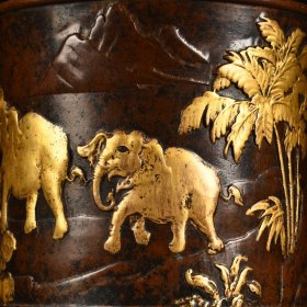 紫铜高浮雕鎏金心想事成笔筒