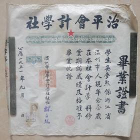 1951年，浙江省温州市志平会计学社毕业证书大张，贴美女照片。印花税票两枚。。