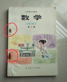 五年制小学课本数学第八册（钉锈重，已透破封面和内页。书口多破裂。封面和第一页有些粘在一起。书口很多黄斑、很多斑点、很多污迹，实际比图片严重）（内页无涂写）（不议价、不包邮、不退换）（快递费首重1公斤12元，续重1公斤8元，只用中通快递）