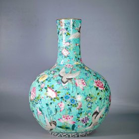 粉彩扒花百花不落地绘百花仙鹤纹天球瓶 高55厘米宽40厘米