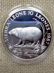 塞拉利昂10利昂精制银币 1987年野生动物纪念 河马 28.28克925银 全新原册包装 fz0128-0