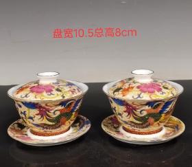 旧藏雍正年制掐丝描金凤凰纹盖碗，全品无残，品相完整，成色如图。