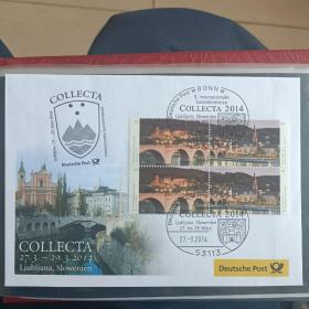 F1841外国信封 2014年斯洛文尼亚卢布尔雅那国际邮展纪念封 贴2013年德国欧元邮票 海德堡城堡和老桥 2全方联 城徽戳