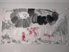 邓小平长女邓林国画作品一幅《鱼乐图》真假不辨，买家自鉴。纸本画心，尺寸:95*176
