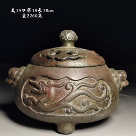 双兽耳龙纹铜香熏炉。