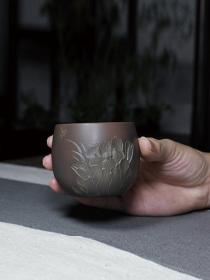 广西钦州古艺坭兴陶名家浮雕荷花杯纯手工夫原矿主人杯个人专用杯
