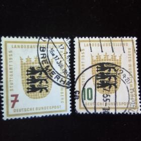 ld21联邦德国邮票 1955年 斯图加特巴登符腾堡展览会.州徽 2全 信销 品相如图 米录9欧