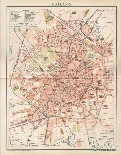 西洋欧洲回流19世纪清代古董老照片地图意大利米兰城区地形图版画套色彩色原件保真  适合珍贵史料收藏或装裱装饰卧室客厅房间办公室酒店宾馆民宿别墅楼盘样板间酒吧ktv画廊走廊公园  画面清晰精细震撼殿堂级收藏 22 X 28（画面cm）；25 X 31（纸张cm）