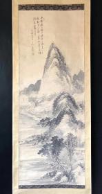日本诗书画三绝僧平野五岳的山水画，海外回流，原装裱立轴，128×49.3cm 。