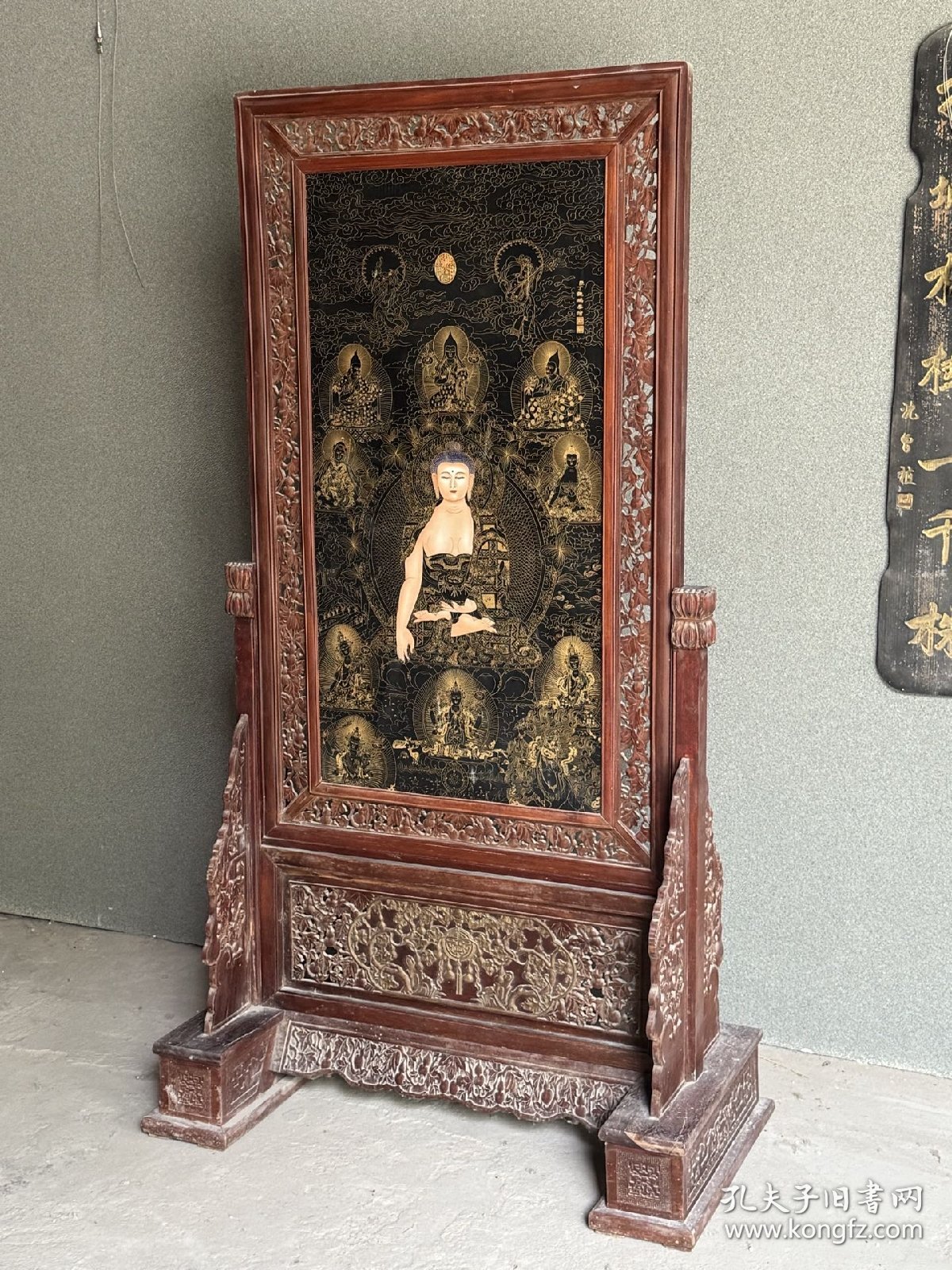 花梨木镶嵌瓷板画落地大插屏释迦牟尼佛