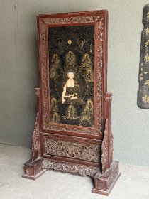 花梨木镶嵌瓷板画落地大插屏释迦牟尼佛