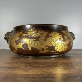 纯紫铜 铜鎏金 双兽耳香炉 品相佳 收藏佳品