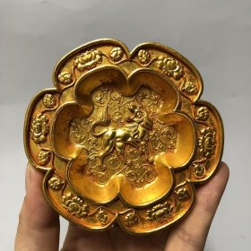 老物件贞观手工雕刻狮子花纹托盘茶