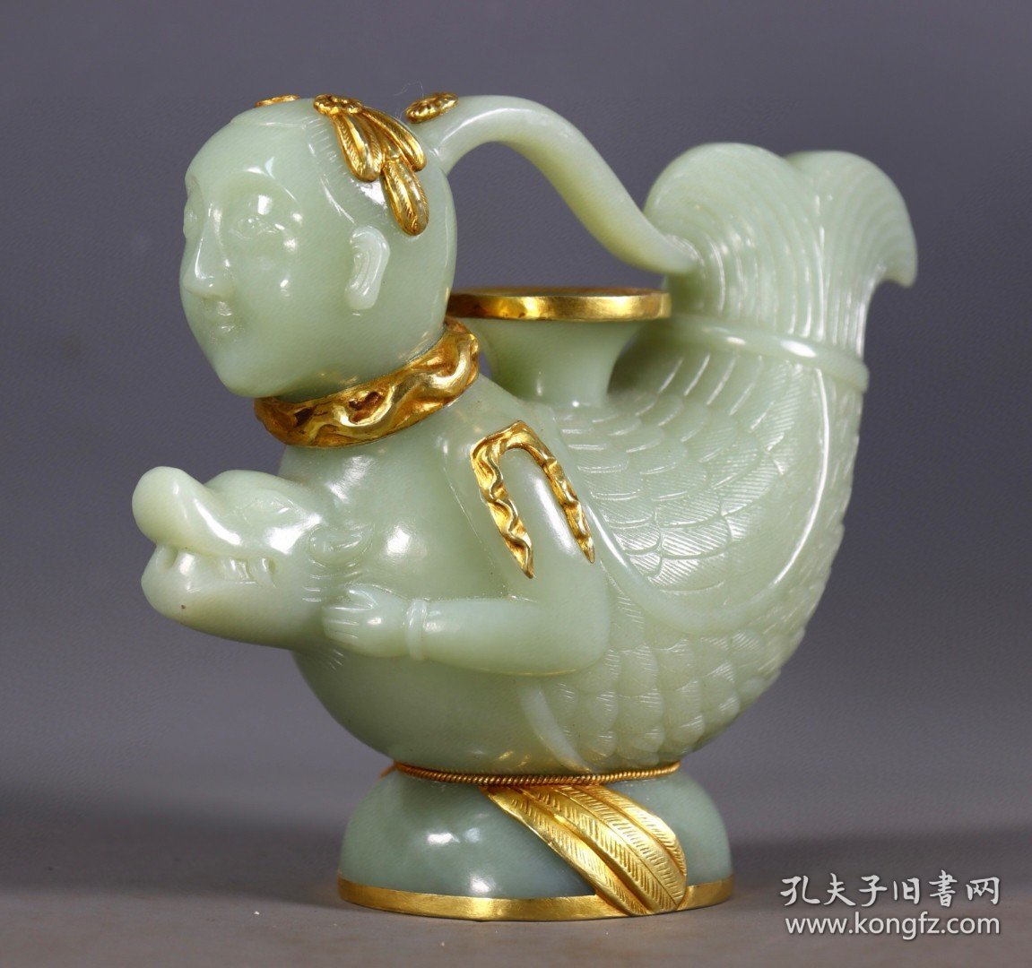 旧藏和田玉包金人鱼壶