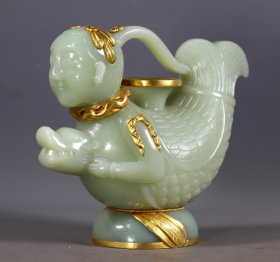 旧藏和田玉包金人鱼壶