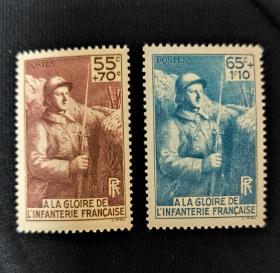 france0202法国邮票1938年 一战法国步兵纪念 新 2全 原胶无贴 背胶很润，泛黄