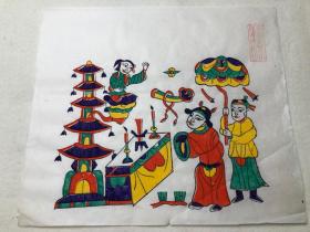 八十年代木版年画  状元祭塔（29.5×25.5）cm 有些朱仙镇的拙朴味道，品相自鉴。
