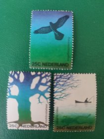 荷兰邮票 1974年荷兰爱鸟协会和林业服务75周年-食肉鸟 树 渔人与雾 3全新