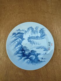 1987年手绘山水瓷盘，有款自查，14