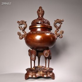 旧藏清代纯铜高浮雕錾刻鎏金熏香炉