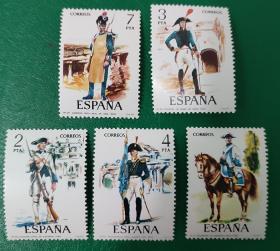 西班牙邮票 1975年军服 5全新
