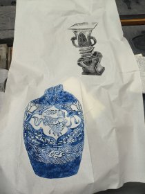 青铜器及青花瓷瓶罐全形拓组合1，带适合各类书法提拔，补画，图为四尺定制，青铜器组合