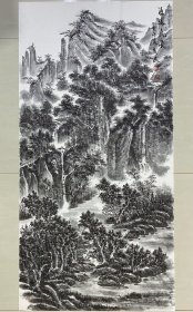 山水画，焦墨山水，源远流长，14年在展会上收的一副作品，写意画法，皴法点染，老师的写生作品，参展原作，看墨韵，树木和山石，房屋，人物的刻画很细，纯手绘，假一赔万，支持第三方鉴定，国家一级美术师，山东省美协张连成老师的原创大作，笔法苍劲有力，浓淡干湿焦，行云流水。三份画，七分裱，水墨画装裱后非常大气，漂亮。尺寸：1.4米×70公分的，四尺整张竖幅的，家里客厅，卧室，书房，茶室，中堂，办公室可悬挂。