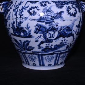 旧藏 元代青花唐太宗人物故事纹狗头罐一对 高39x38厘米