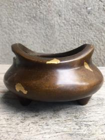 宣德紫铜撒金三足元宝形双耳香炉，尺寸见图