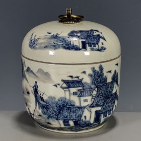 古董瓷器清代光绪年制青花山水江南水乡盖罐茶叶罐古玩杂项老物件