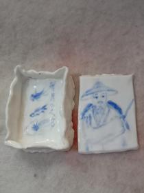 青花瓷印泥盒或粉盒 纯手绘姜子牙钓鱼图(二层) 品如图8X6X2Cm