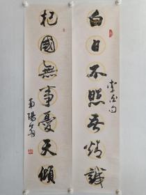 保真书画，廖奔书法对联，纸本托片， 尺寸 136×34cm×2。 廖奔，全国政协委员，中国作家协会副主席、书记处书记，中国戏剧家协会副秘书长、秘书长、党组副书记、书记。2001到2010年任中国文联党组成员、书记处书记、副主席。