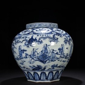 明景泰青花高士人物纹八方罐37*37厘米