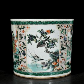 清康熙五彩开窗人物花鸟故事纹笔筒;19.3x22厘米
