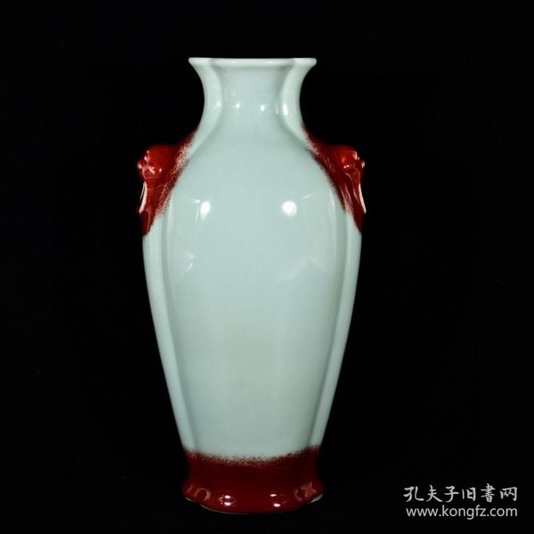 大清乾隆年制松柴烧窑变霁青霁红釉兽耳海棠尊瓶 高36.5宽18.6厘米2