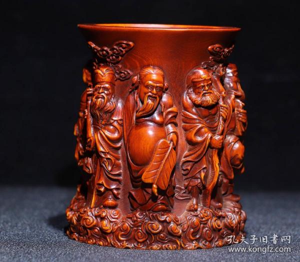 黄杨木精雕八仙笔筒摆件