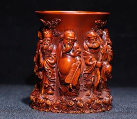 黄杨木精雕八仙笔筒摆件