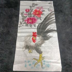 黎静水墨画一幅《雄风》100*50cm【鸡•花】