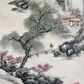 日本近代南画家，田能村直入弟子，三井饭山1913年作品，题诗为我国明人林环诗作，绢本精致绫裱，带原木盒，轴头自鉴，懂的自然懂