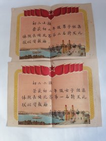 奖状：八十年代南京市第二十中学奖状（二张合售，参见图示）
