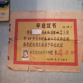 河北唐山女子中学毕业证书1960年