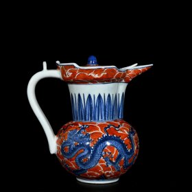 大明宣德年制青花矾红龙纹僧帽壶 尺寸20x21.5cm