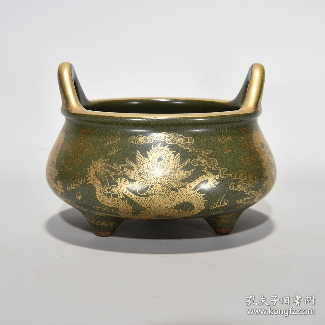 清乾隆茶叶末釉金彩龙纹炉，9.5×13厘米