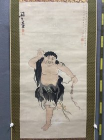 民国老画《刘海戏金蟾》，款识：闵氏此帧用笔超逸为近代画家之妙品，兹承简盦太史持赠余因记之，甲午秋分日范金镛