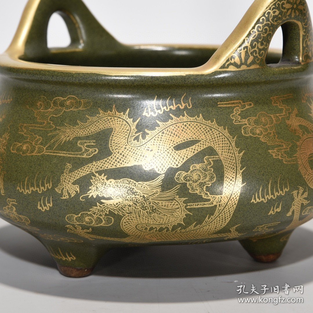 清乾隆茶叶末釉金彩龙纹炉，9.5×13厘米