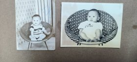 黑白老照片一组两张 小孩座圆椅子