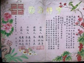 民国三十七年手填结婚证 “花好月圆”上海康乐酒家举办结婚典礼 附新娘新郎婚纱照两张（绢本有印花税票）证书尺寸：25*35CM