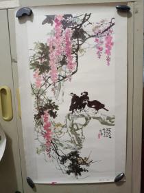 八十年代艺术画片《宋新涛作紫藤八哥图》长50cm，宽35cm！懂字画者鉴之！放宣传画袋一内之七