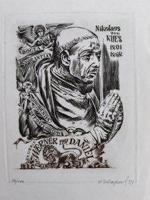 Victor Schapiel～世界名人尼古拉斯·克莱曼（Nicholas Cusanus，1401年-1464年），又被称为尼古拉斯·冯·库萨（Nicholas of Cusa），是一位德国哲学家、数学家。版画藏书票原作